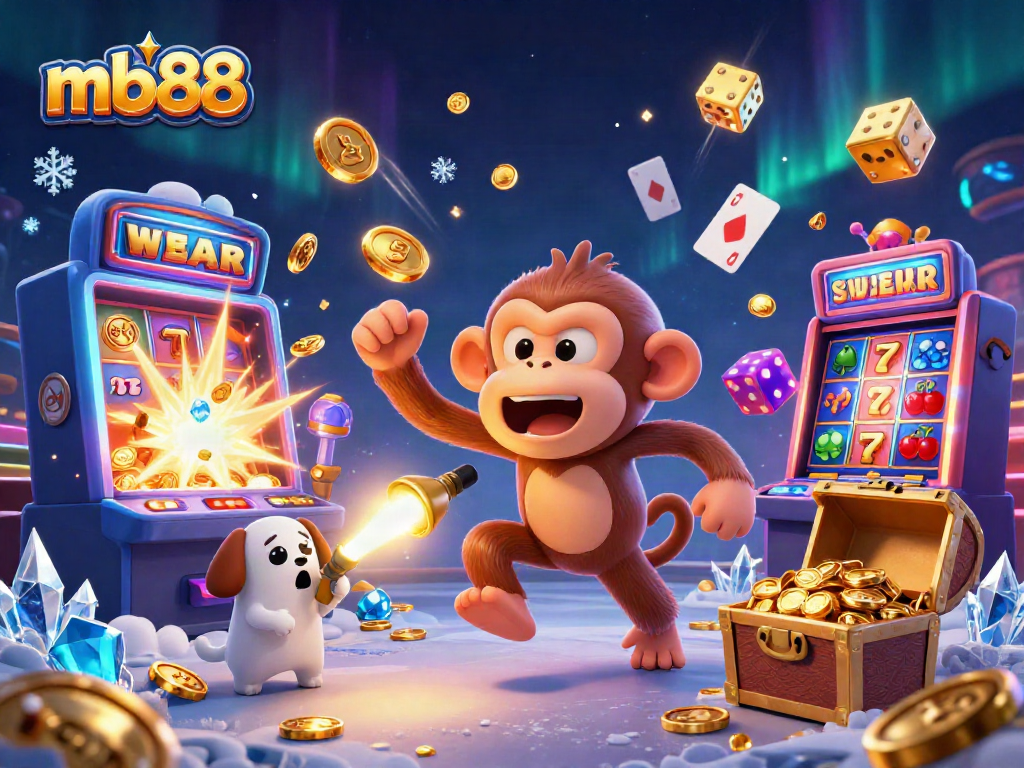 Experience the excitement of mb88 with a lively illustration of a mischievous monkey and a ghost-hunter puppy in a vibrant casino scene.