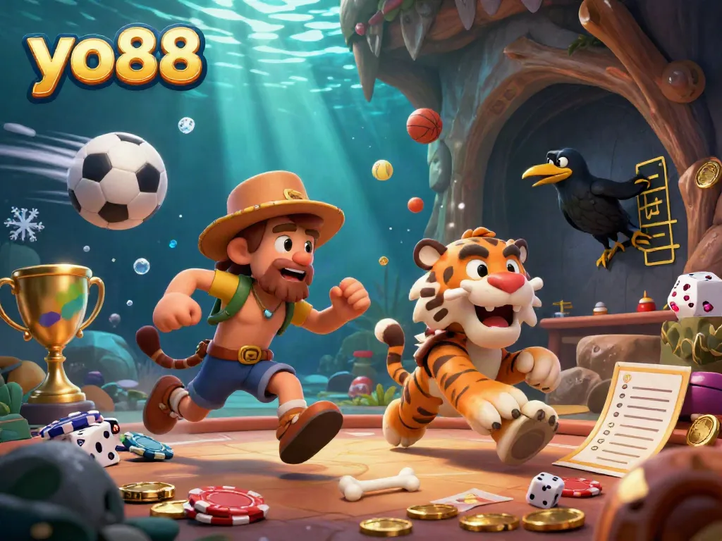 Engage with yo88 in a lively prehistoric casino scene, featuring a caveman, sabertooth tiger, and sports elements.