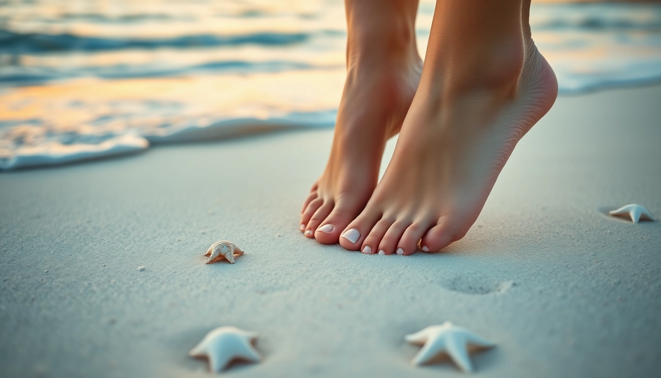 Fußbilder verkaufen - Ansprechendes Foto von sanften Fußabdrücken am Strand.