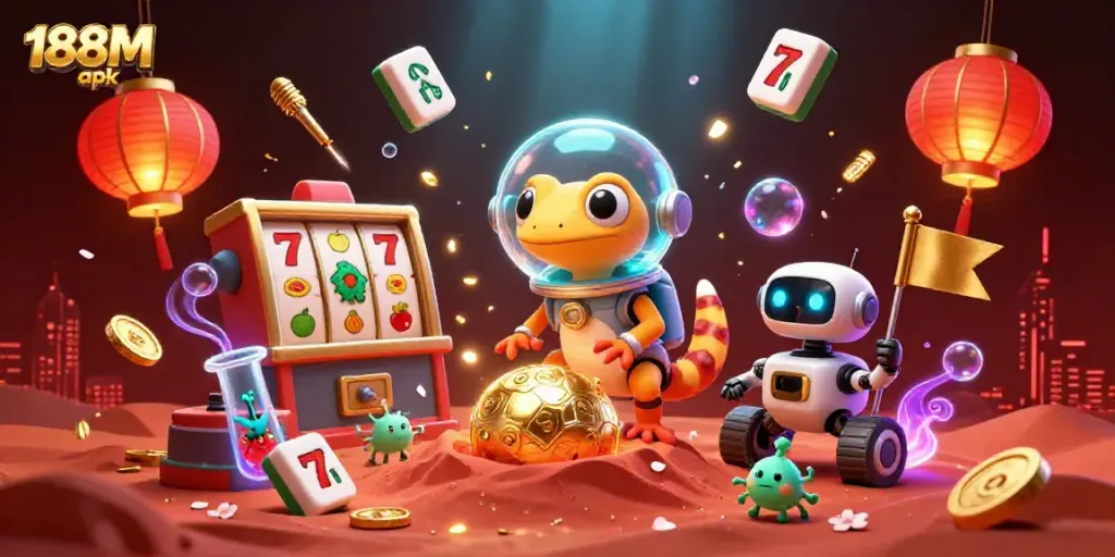 Experience winning with 188M apk's golden casino adventure on Mars, featuring vibrant game elements.