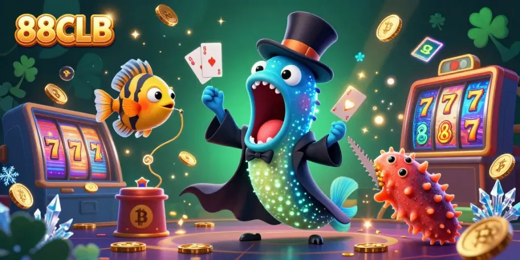Experience the thrill at 88CLB with vibrant casino characters showcasing card tricks amidst dazzling game elements.