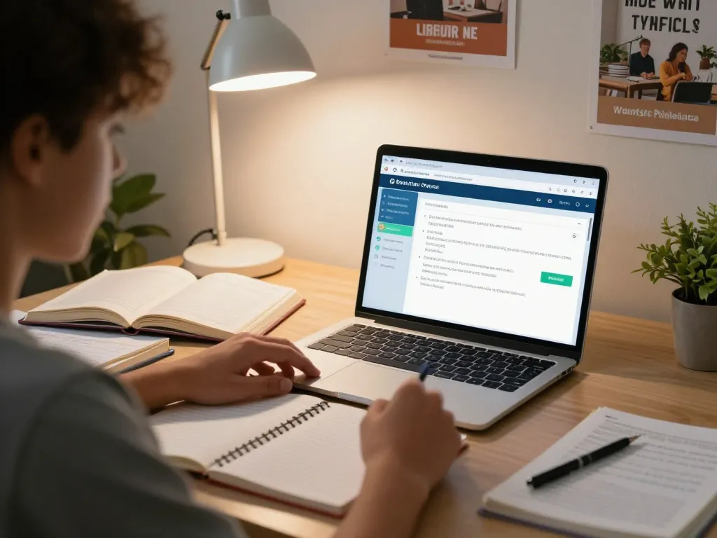 Student, der einen Hausaufgaben Löser online auf einem Laptop mit verstreuten Lehrbüchern verwendet.