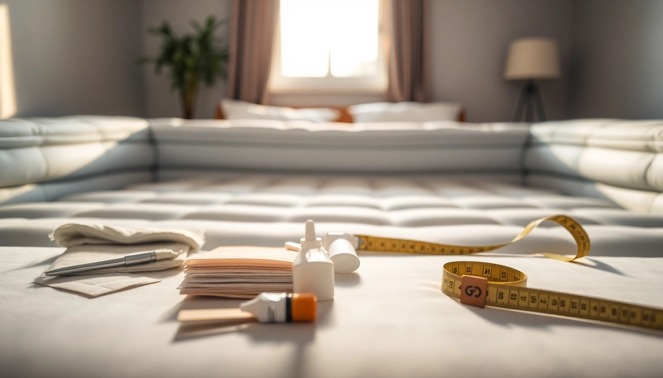 Wasserbett Reparatur in einem gemütlichen Schlafzimmer mit Werkzeugen für die Reparatur.