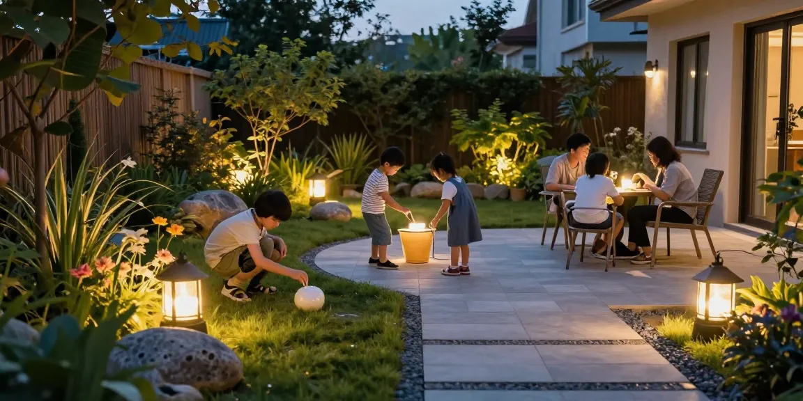Gartenbeleuchtung, die einen gemütlichen Gartenweg erhellt, während die Familie den Abend zusammen genießt.