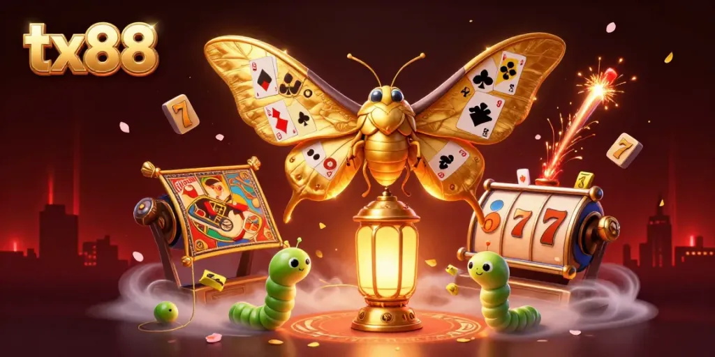 Experience exciting casino action with tx88's vibrant illustration featuring a golden-winged moth and dynamic gaming elements.