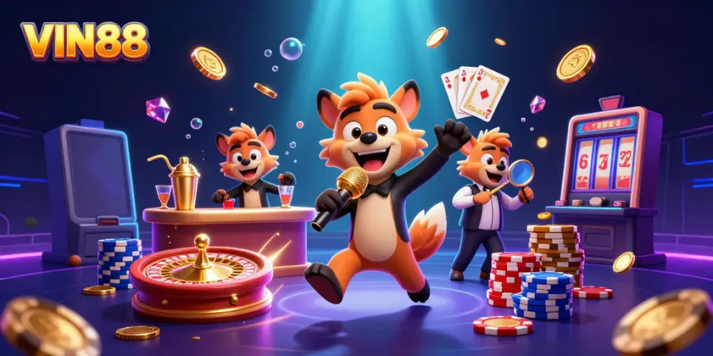 Hyenas at the VIN88 comedy casino club delivering an entertaining show amid golden coins and vibrant gaming elements.