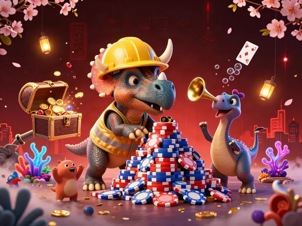 SUNWIN brings excitement with a 3D triceratops building poker chips amidst festive celebrations.