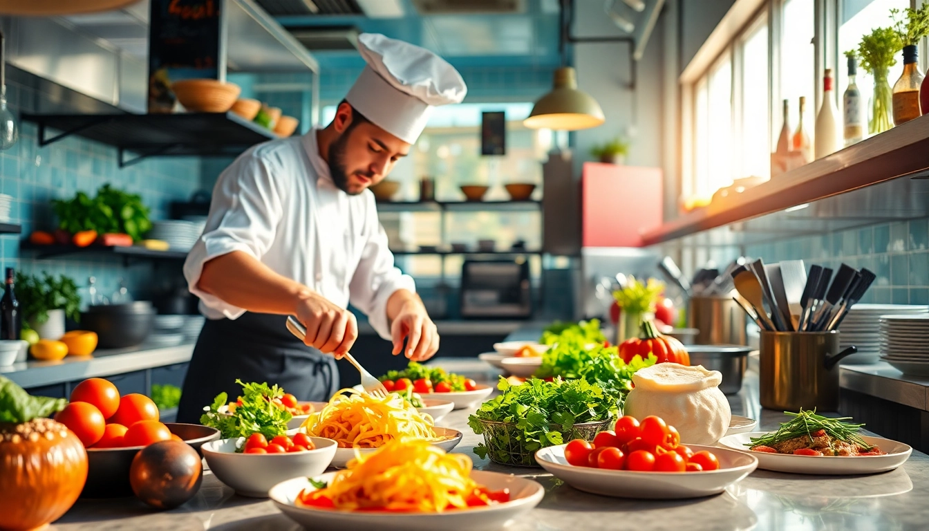 Gastronomie: Professioneller Koch bereitet Gourmetgerichte in einer lebhaften Restaurantküche vor