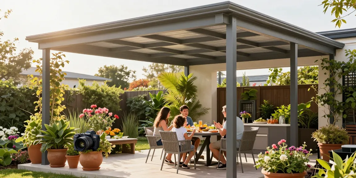 Moderne Terrassenüberdachung mit Familie, die einen sonnigen Tag im Garten genießt.