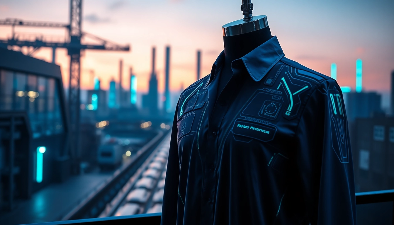 Elegante cyberware shirt designs auf modernem Mannequin in urbanem Setting.