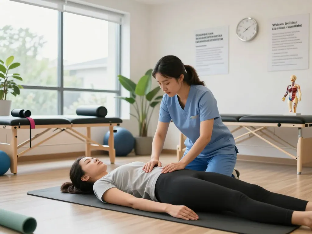 Therapist at https://pelvi-care.de/ demonstrating pelvic floor exercises in a modern clinic with natural light.