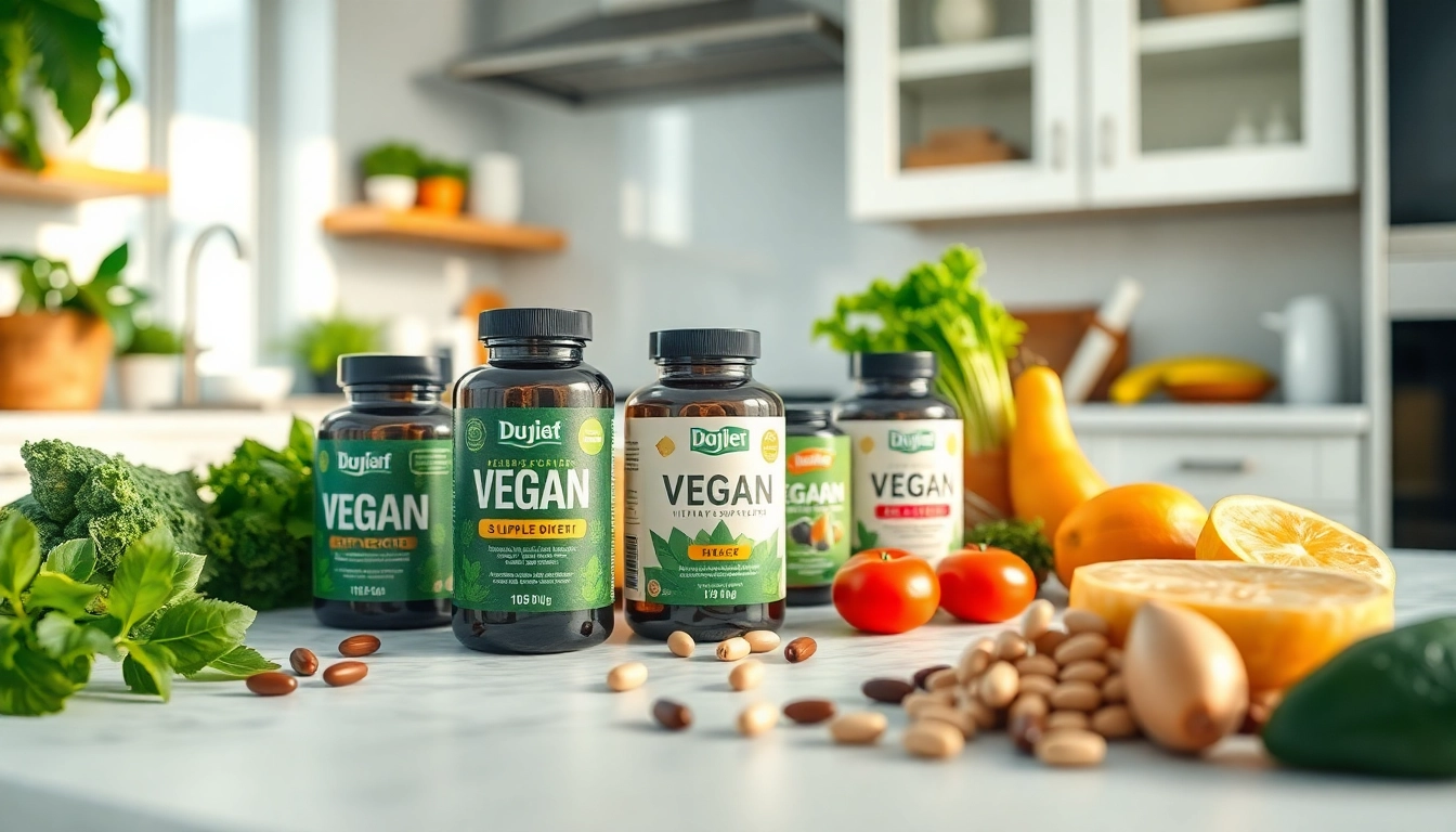 Vegane Nahrungsergänzungsmittel in einer modernen Küche ansprechend präsentiert.