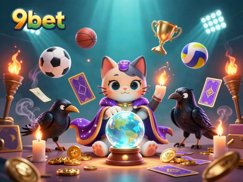 Engage in thrilling gameplay with 9bet, featuring mystical elements and dynamic sports betting visuals.