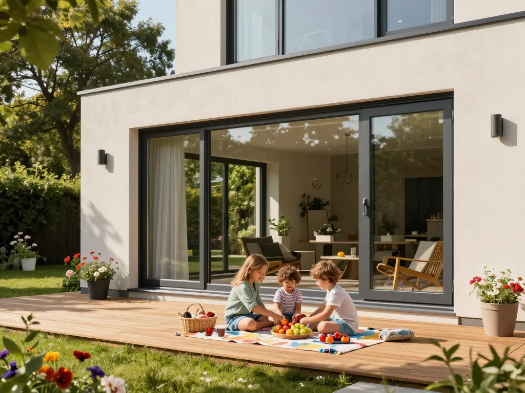 Schöne moderne Wohnung mit Fenstern von Schüco, die ein energieeffizientes Design in einer familienfreundlichen Umgebung zeigt.