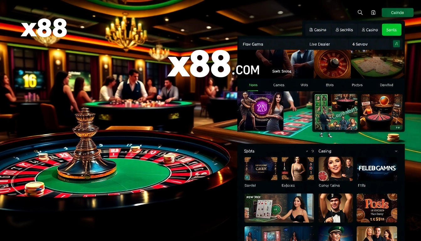 Experience the excitement of casino games at x88.com with vibrant poker chips and a roulette table.