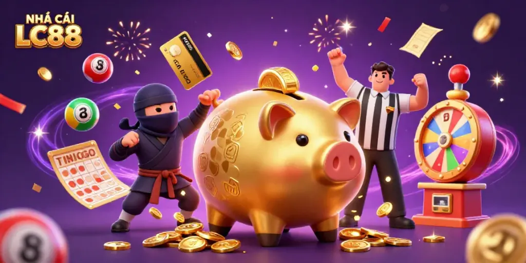 Engaging illustration of NHÀ CÁI LC88 featuring a golden piggy bank sumo wrestler and gaming elements in action.