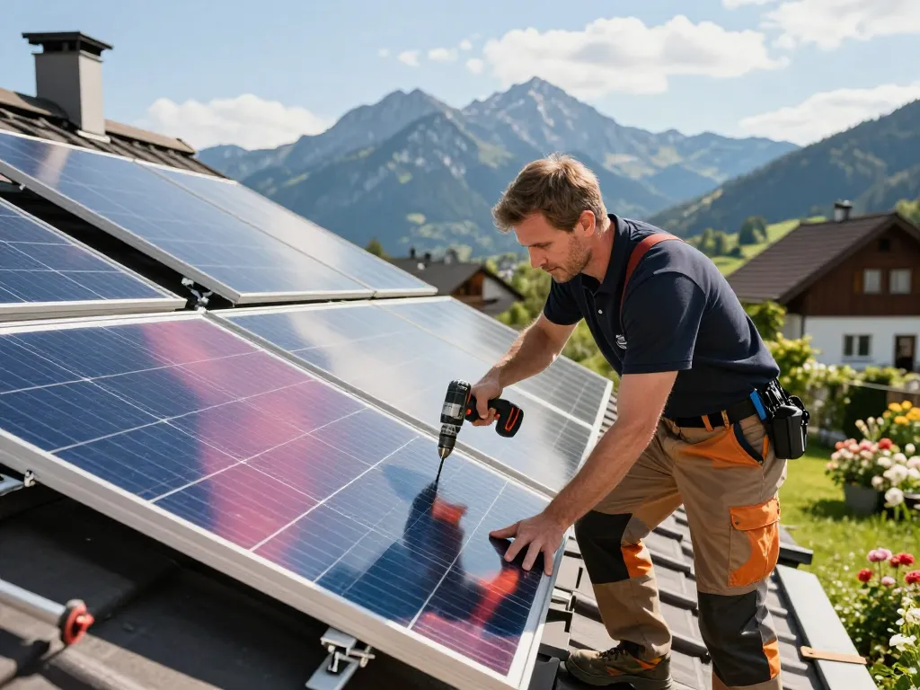 Techniker installiert Solarplatten und zeigt Photovoltaik Bayern auf einem bayerischen Dach.