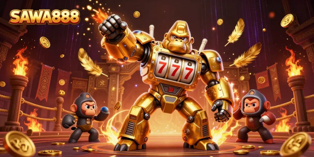 Experience thrilling gameplay on SAWA888 with a dynamic transformer-style golden gorilla mech as its centerpiece, showcasing gambling excitement.