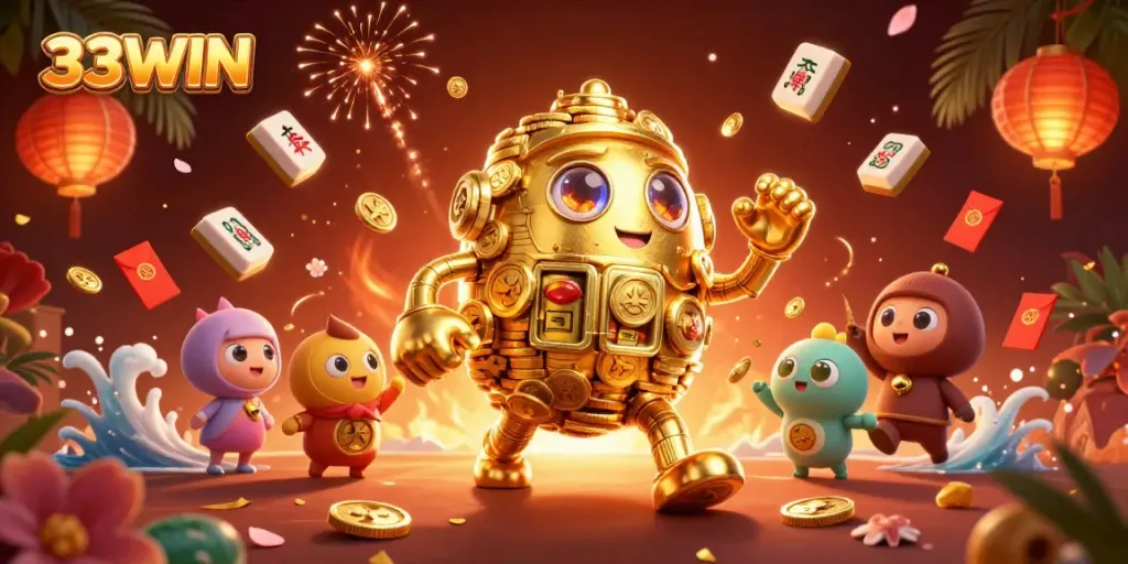 Engage with the dynamic 33WIN casino experience featuring a golden golem and festive game elements.
