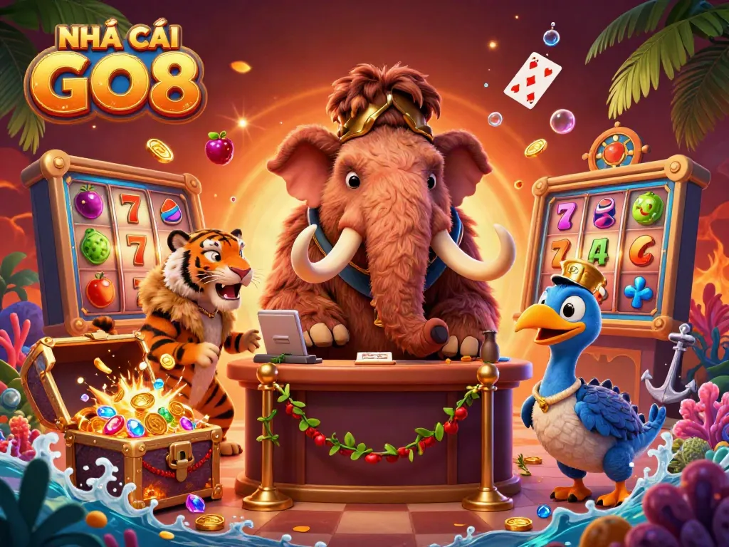 Experience thrilling gaming at NHÀ CÁI GO8 with dynamic characters and casino elements in a vibrant scene.