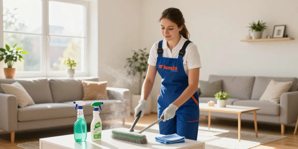 Expert cleaner performing wohnungsreinigung solothurn in bright living room, showcasing professional cleaning supplies.