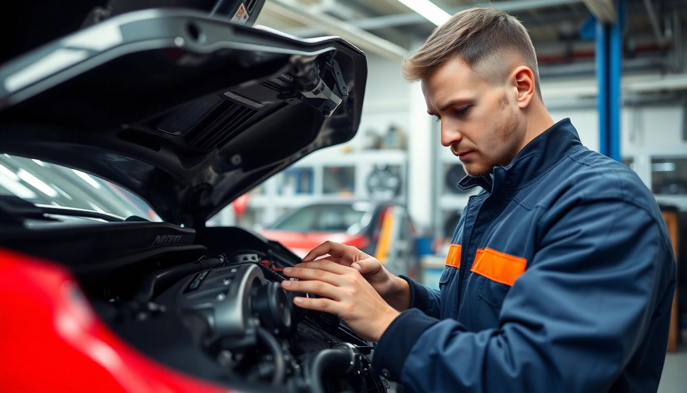 Motorschaden Ankauf: Mechanic evaluating a damaged car engine in a professional workshop.