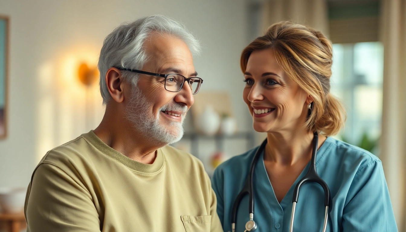 Ein Pflegedienstmitarbeiter vermittelt empathisch Wertschätzung, während er einem älteren Patienten während der werbung pflegedienst-Interaktion hilft.