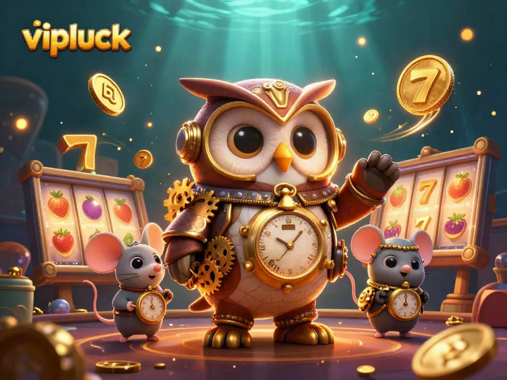 Experience winnings at vipluck with this vibrant 3D casino scene featuring animated game reels and characters.