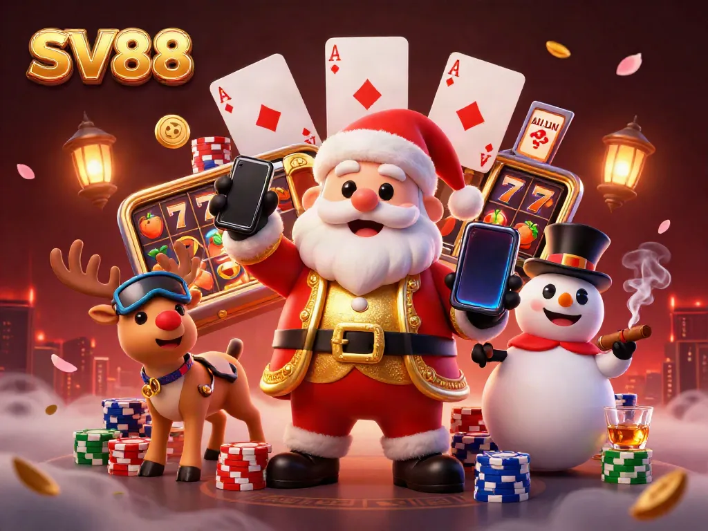 Play exciting slots and games at SV88 with a festive casino scene featuring Santa and friends.