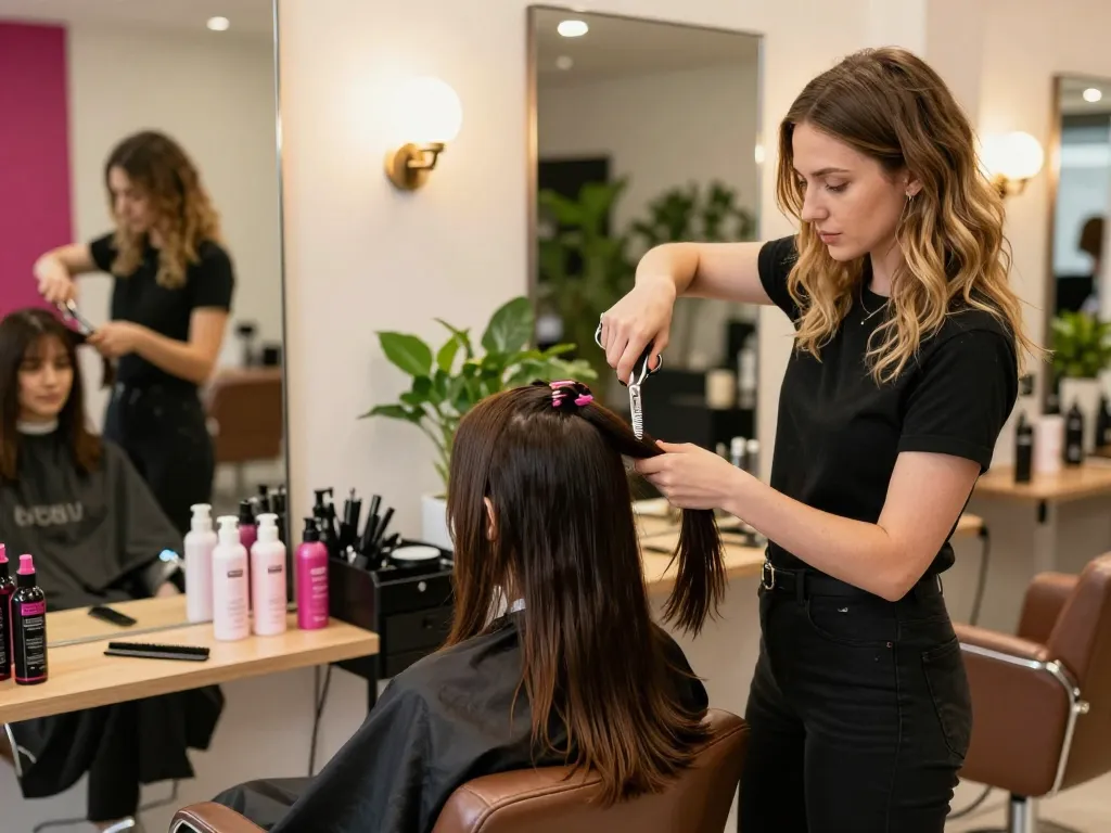 Damenfriseur stylt Haare in einem modernen Salon mit lebhaftem Dekor und einladender Atmosphäre.