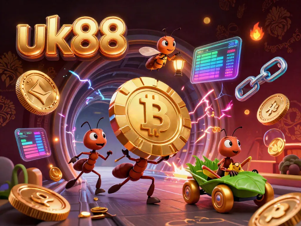 Experience the thrill of uk88 as ants carry a giant poker chip in a vibrant, dynamic heist scene.