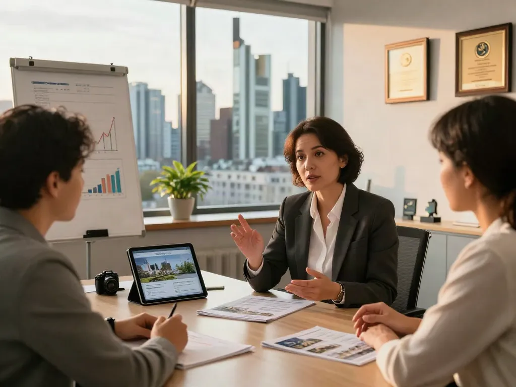 Bester Immobilienmakler Frankfurt zeigt Engagement bei Beratungsgespräch mit Kunden in modernem Büro.