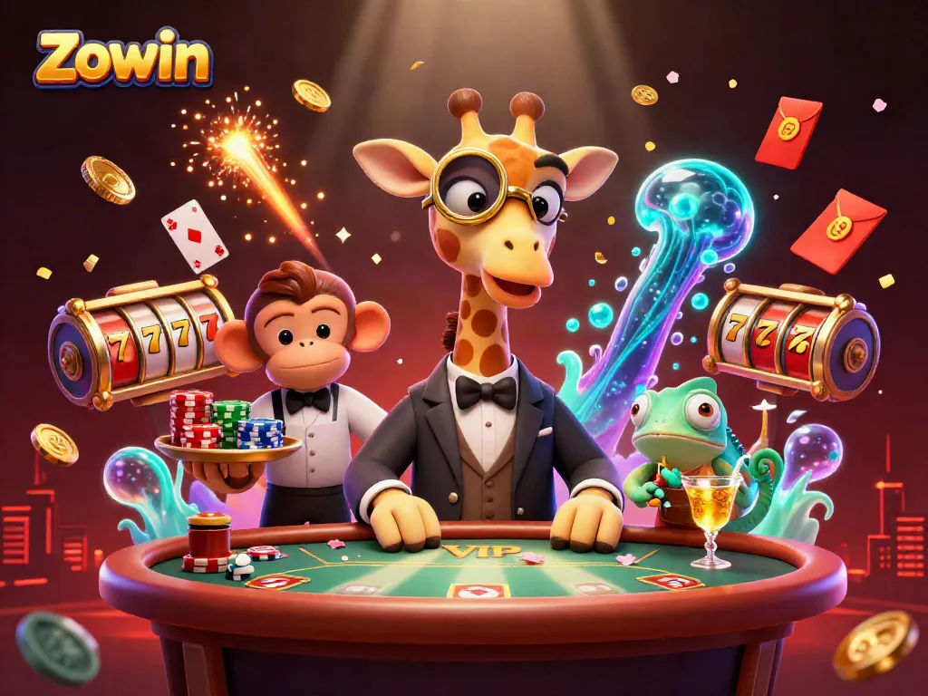 Zowin empowers players with vibrant casino excitement, featuring a giraffe at a poker table