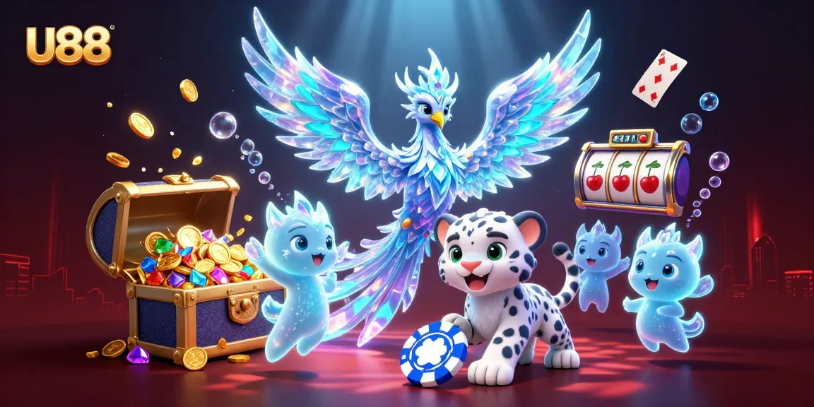 Play thrilling casino games at u88 with a vibrant 3D illustration featuring an ice phoenix, snow leopard, and glowing elements.