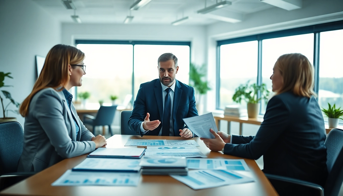 Kreditvergleich: Finanzberater erklärt Kredite in hellem Besprechungsraum.