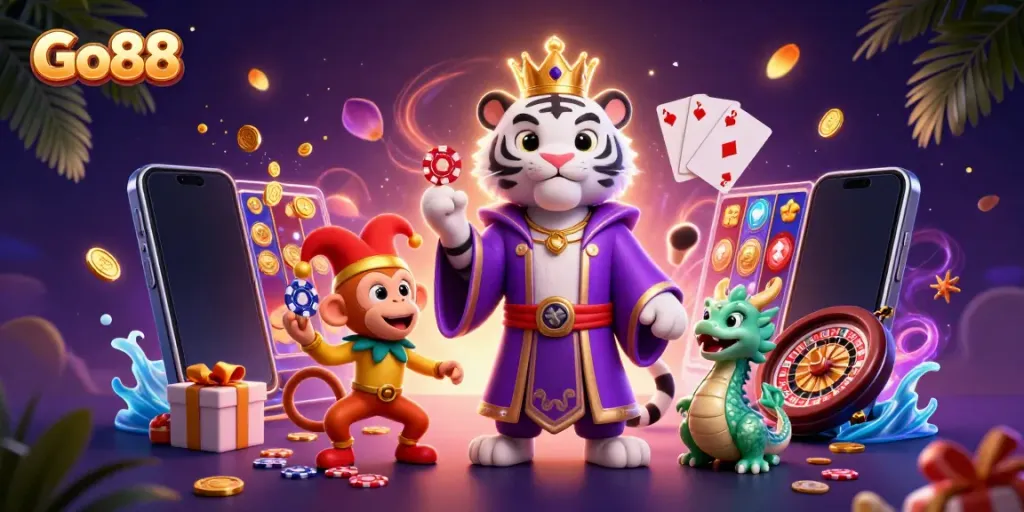 Experience the exciting Go88 casino atmosphere with vibrant characters and gaming elements.