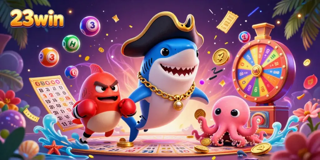Join the excitement with 23win's vibrant pirate-themed casino illustration featuring dynamic game elements.