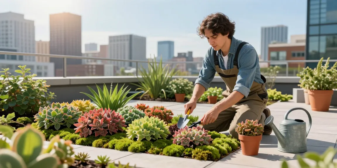 Lebendige Sedum Pflanzen, die in einem Dachgarten angeordnet sind, während ein Landschaftsdesigner sich um sie in einer sonnigen städtischen Umgebung kümmert.