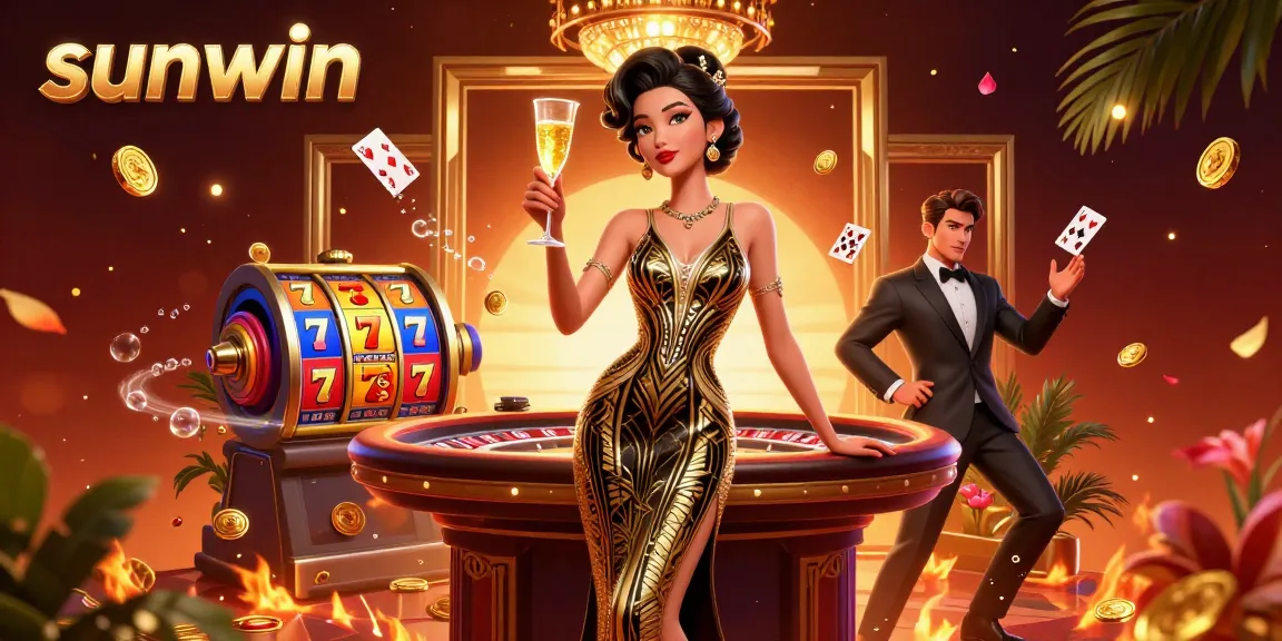 Engage with sunwin’s vibrant slot games featuring a glamorous scene of roulette and gold coins.