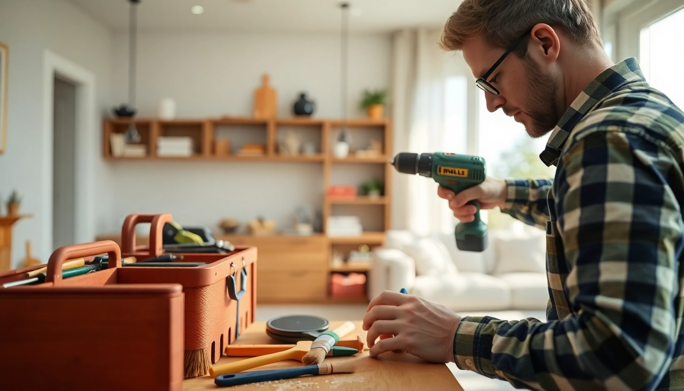 Handyman fixing a kitchen cabinet with tools showcasing professionalism and attention to detail.