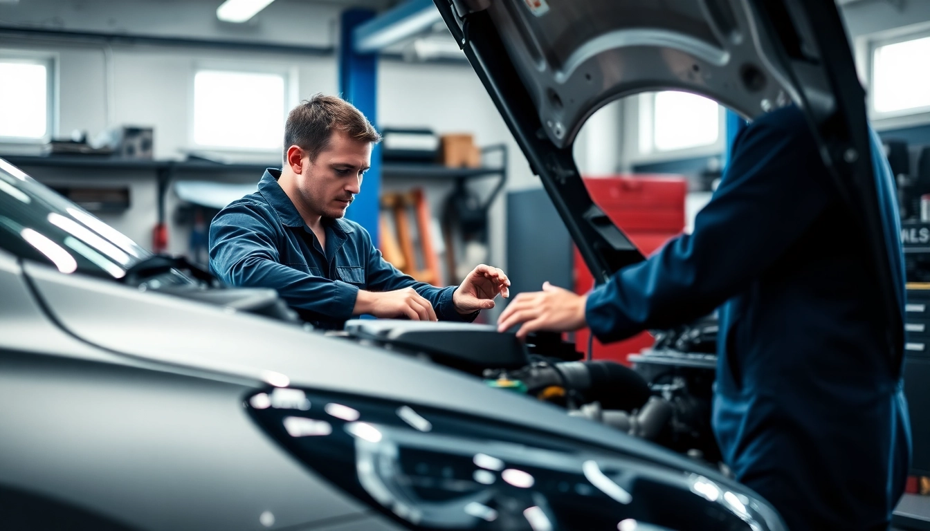 Motorschaden Ankauf – Mechanic evaluating an engine in a modern garage setting.
