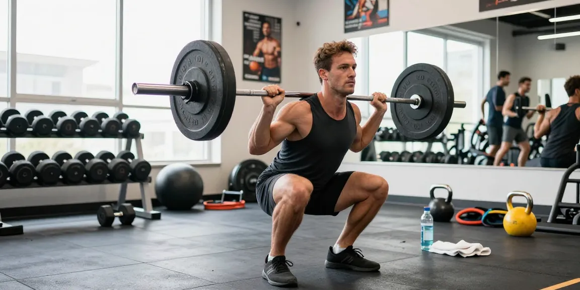 Professioneller Bodybuilder trainiert im Steroidshop Fitnessstudio mit dynamischer Langhantelkniebeuge und motivierender Umgebung.