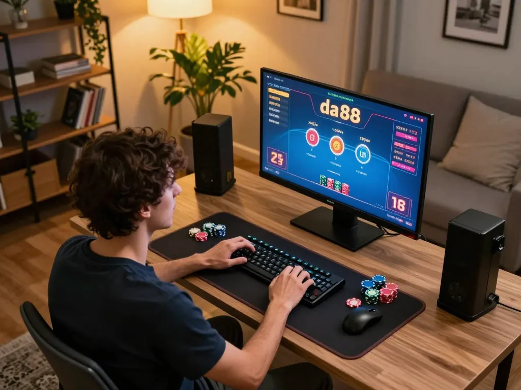 Player engaging with da88 poker game on a stylish home desk, highlighting online gambling excitement