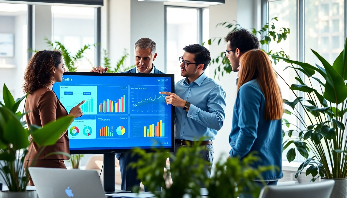 Präsentation einer Finanzanalyse mit einem Team, das über Finanzdaten diskutiert.