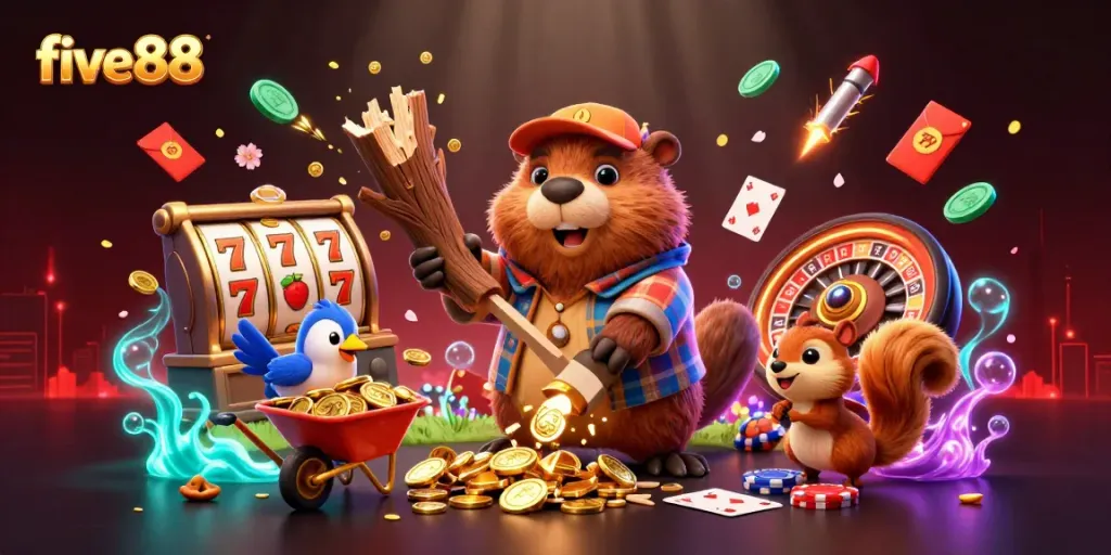 Experience the jackpot excitement at five88 as cartoon characters enjoy a casino-themed celebration.