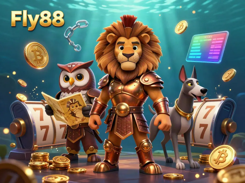 Win big at Fly88 with a dynamic illustration featuring a Spartan lion and an owl amidst vibrant casino elements.