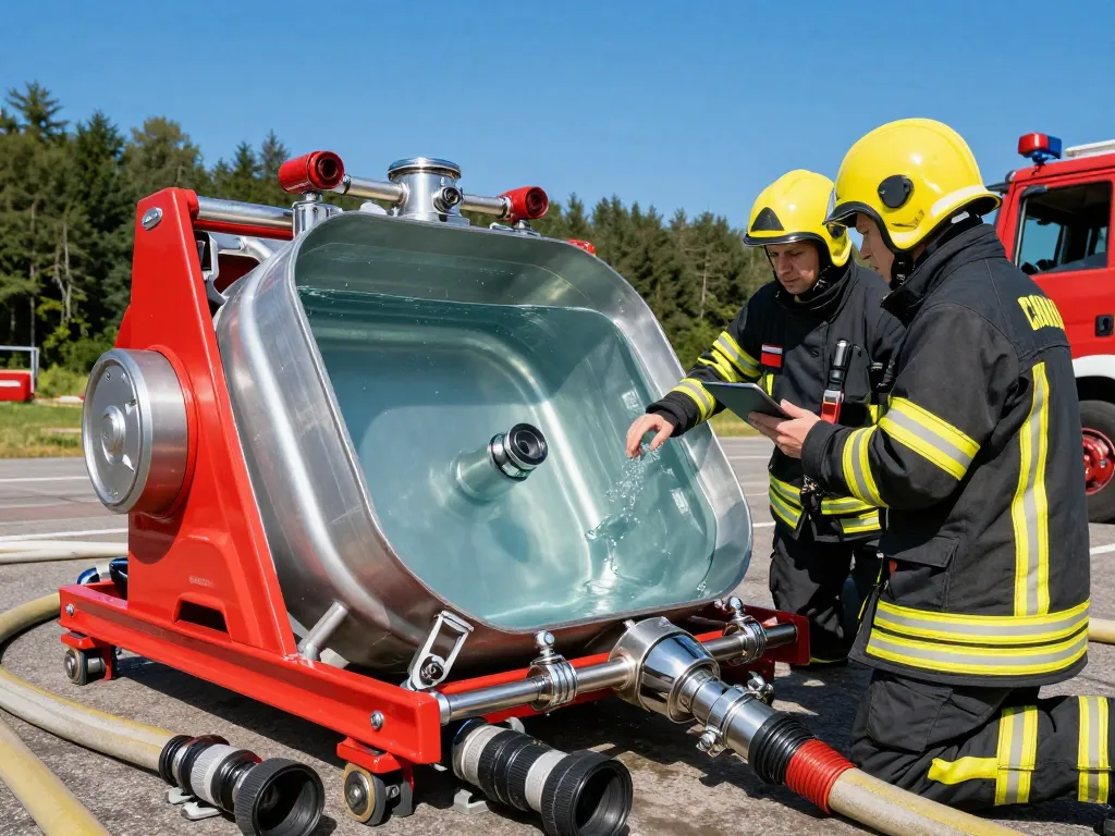 Löschwasserzisterne für Feuerwehr, die von Feuerwehrleuten in einem Waldgebiet überprüft wird.