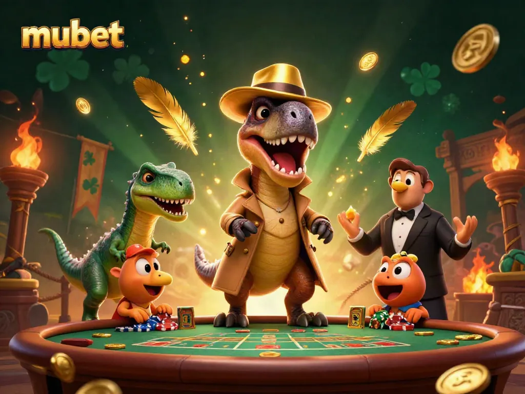 Engage in exciting casino action with Mubet featuring a velociraptor card counter amidst gold coins and vibrant gaming elements.