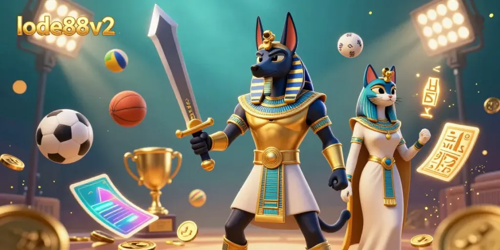 Engage with lode88v2's dynamic 3D casino scene featuring Anubis, Bastet, and sports elements.