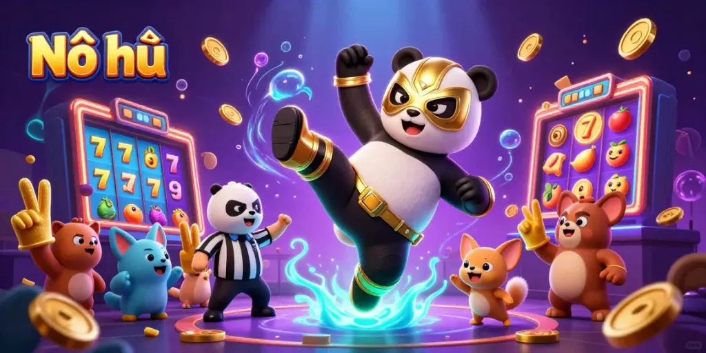 Nổ hũ slot game action with a panda wrestler and cheering animal crowd, dynamic and colorful.